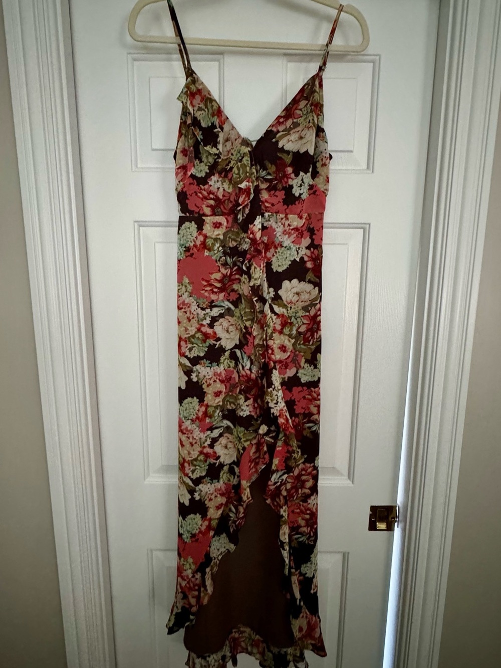 NWOT Floral V-Neck Spaghetti Strap High-low Dress in Coral and Brown